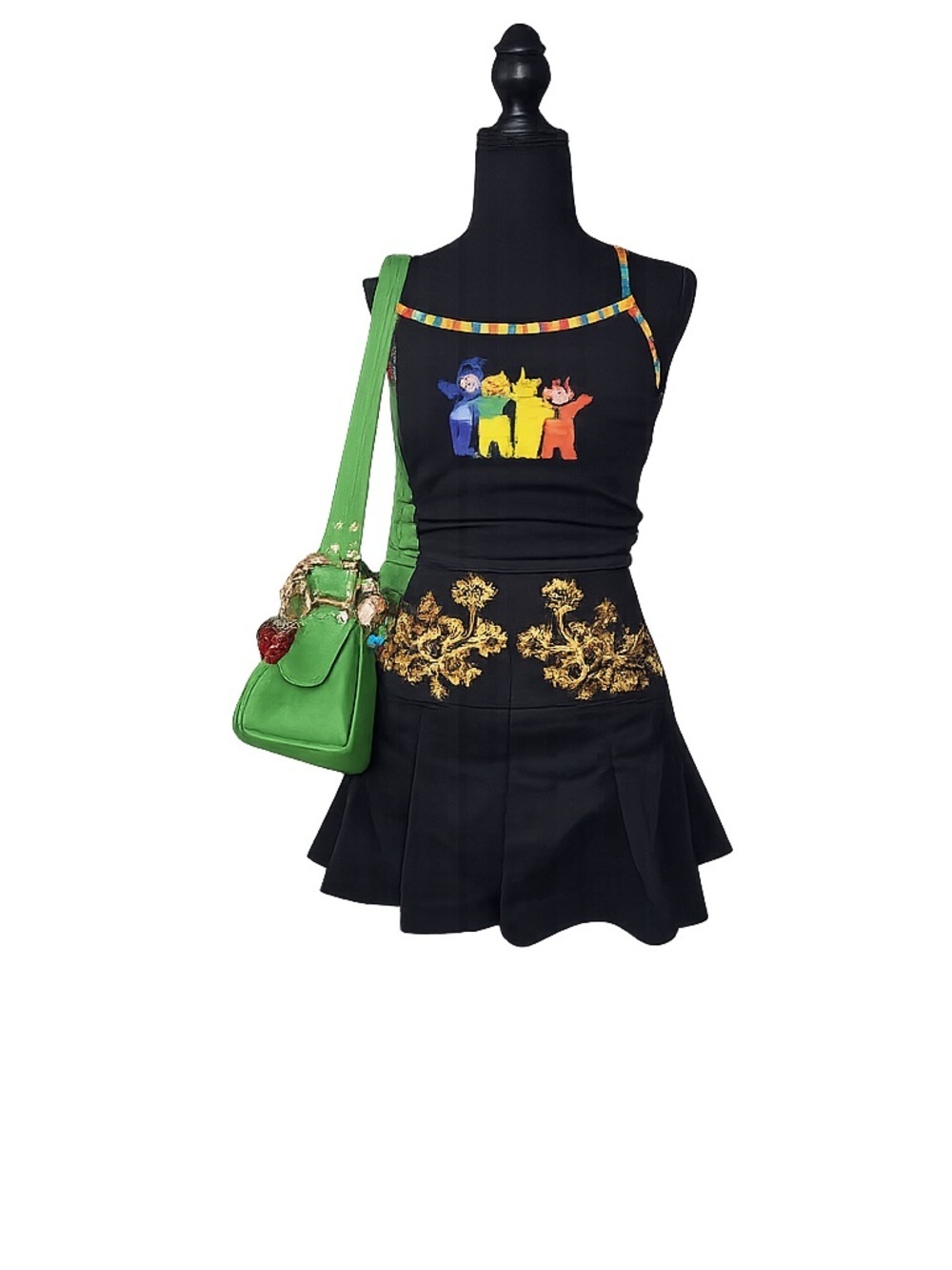 Que Black Mini Skirt with Gold Embroidery & Black Pleated Mini